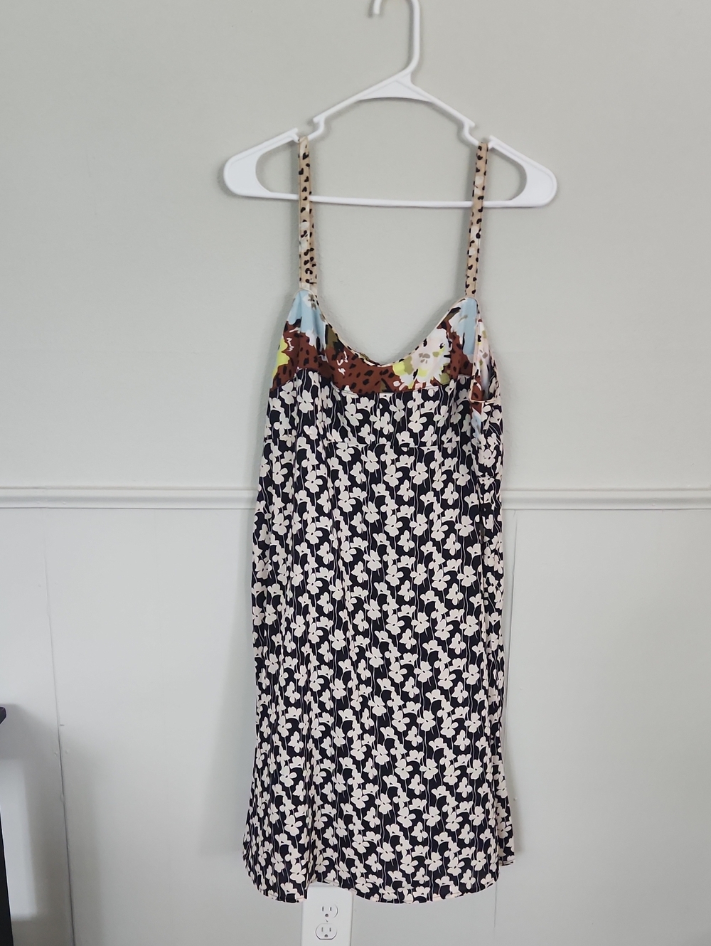 CAbi Black and Cream Floral Slip Dress with Color-Block Yoke